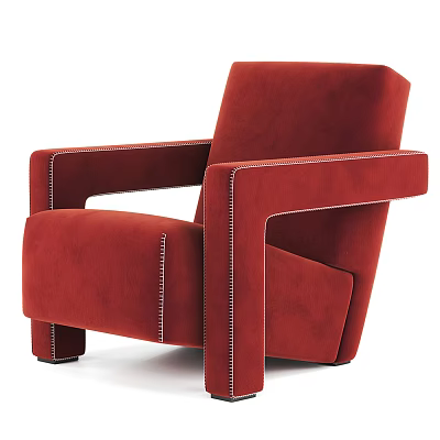 Red Velvet Single Sofa with White Stitching Structured Armrest and Modern Minimalist Design 3d model