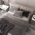 Modern Double Bed Bedroom Interior With Soft Pillows Cozy Blanket Nightstands And City View Windows