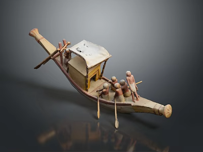 Traditional Ancient Wooden Boat Model With Paddling Figures And Canopy Structure 3d model
