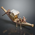 Traditional Ancient Wooden Boat Model With Paddling Figures And Canopy Structure