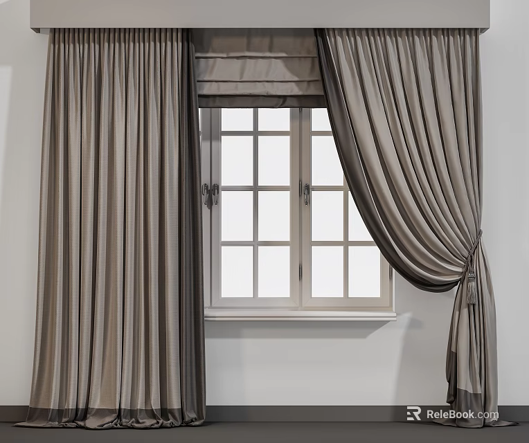 Elegant Gray Curtains Partially Drawn Over White Framed Window With Panes 3d model