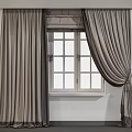Elegant Gray Curtains Partially Drawn Over White Framed Window With Panes