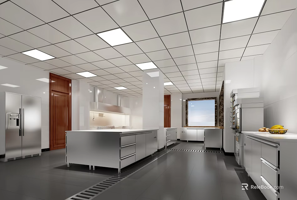 Modern Commercial Kitchen With Stainless Steel Equipment White Cabinets And Ventilation System 3d model 