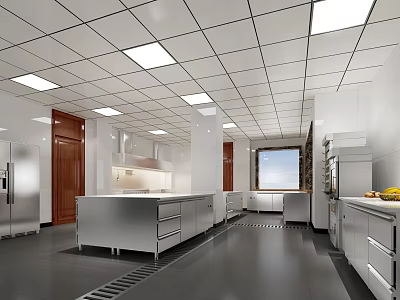 Modern Commercial Kitchen With Stainless Steel Equipment White Cabinets And Ventilation System 3d model