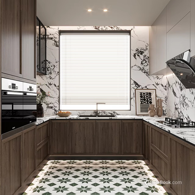 Modern Kitchen Interior With Wooden Cabinets Marble Walls Blinds Countertop Oven And Stove 3d model 
