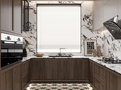 Modern Kitchen Interior With Wooden Cabinets Marble Walls Blinds Countertop Oven And Stove 3d model