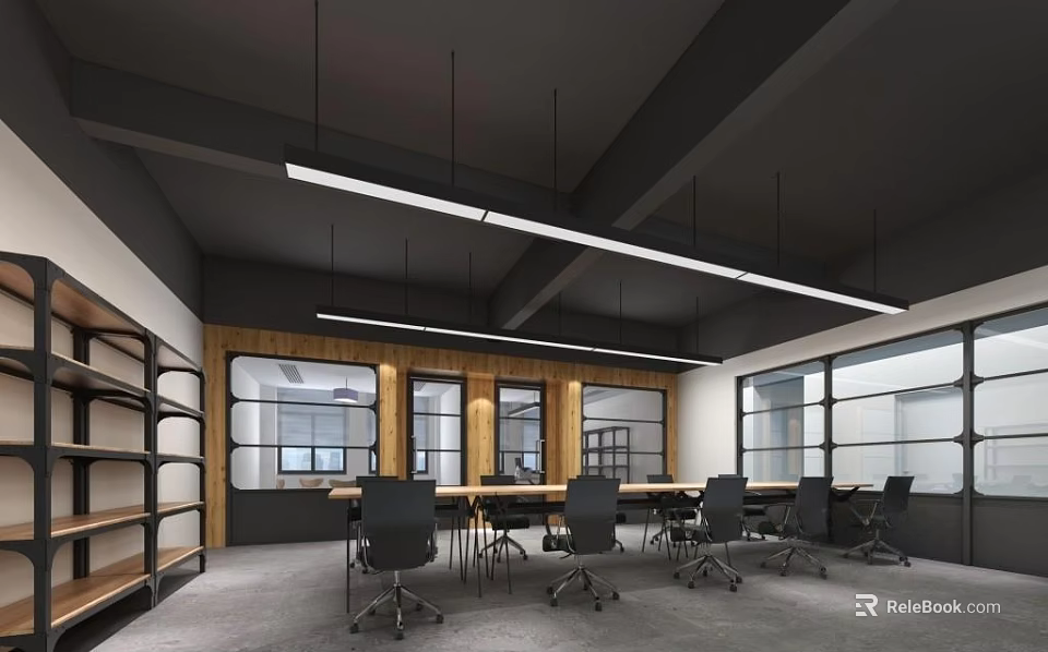Modern Public Office Space With Long Table Black Chairs Hanging Lights And Bookshelves 3d model 