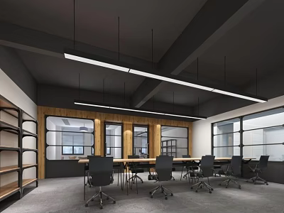 Modern Public Office Space With Long Table Black Chairs Hanging Lights And Bookshelves 3d model