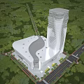 Aerial View Planning of Modern Tower Building and Curved Roof Structure with Surrounding Greenery