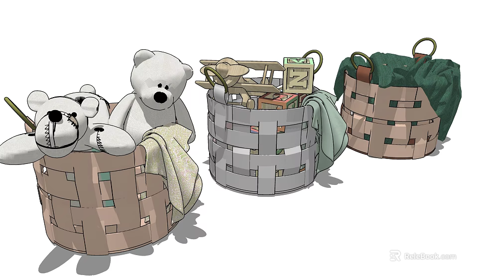 Woven Storage Baskets with Stuffed Toys Towels and Various Items in Different Colors 3d model 