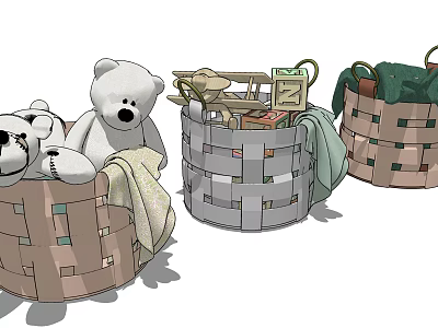 Woven Storage Baskets with Stuffed Toys Towels and Various Items in Different Colors 3d model
