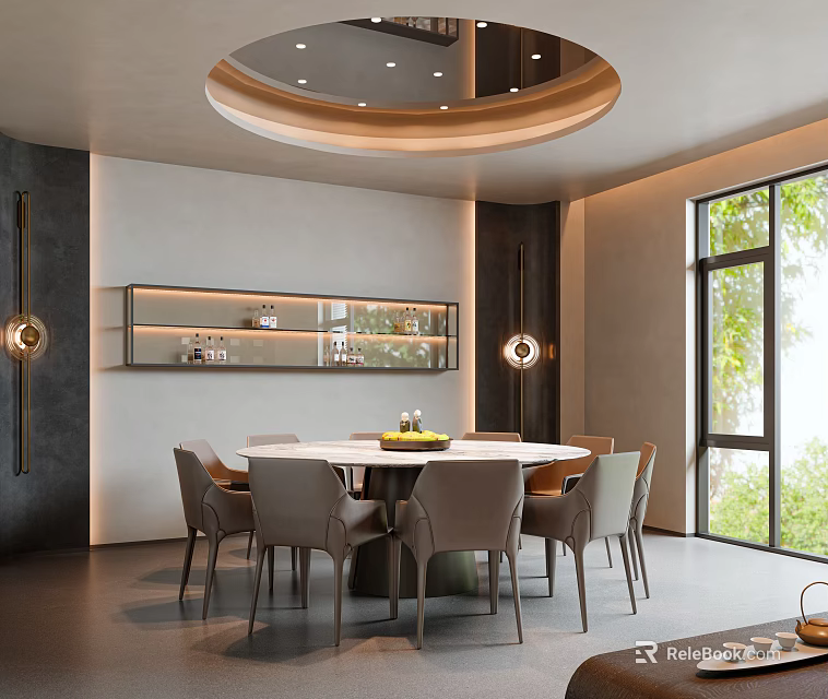 Modern Private Dining Room With Round Table And Display Cabinet 3d model 