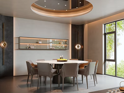 Modern Private Dining Room With Round Table And Display Cabinet 3d model