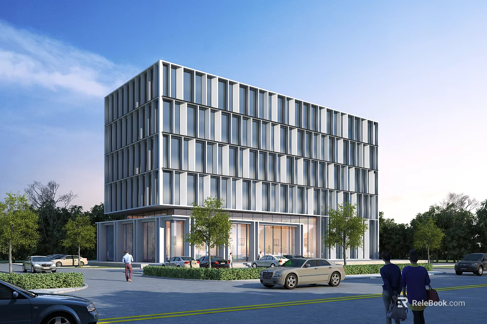 Modern Office Building With Geometric Glass Facade Surrounding Trees Pedestrians And Cars 3d model 