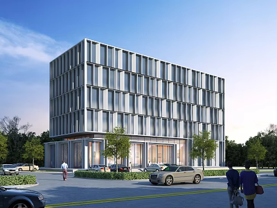 Modern Office Building With Geometric Glass Facade Surrounding Trees Pedestrians And Cars 3d model