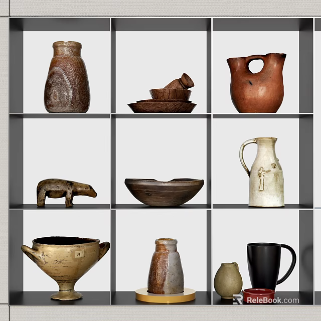 Ceramic Vessels Displayed On Shelves With Various Styles And Decorative Shapes 3d model 