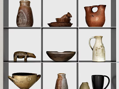 Ceramic Vessels Displayed On Shelves With Various Styles And Decorative Shapes 3d model