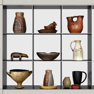 Ceramic Vessels Displayed On Shelves With Various Styles And Decorative Shapes 3d model