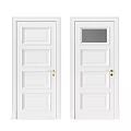 Two White Hinged Doors Featuring Panel Design Glass Window and Golden Handles 3d model