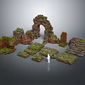 Ancient Ruin Scenery Components with Arch Stone Blocks Steps and Moss Covered Details 3d model
