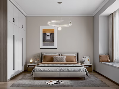 Modern Bedroom Interior With Built-in Wardrobe Pendant Light Bed Nightstand Wall Art Rug And Pillows 3d model