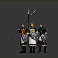 Three Medieval Men Standing Together With Spears And Shields In Historical Attire