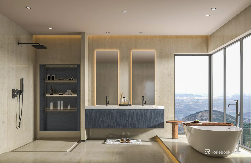 Modern Bathroom Interior With Double Mirrors Double Sinks Large Windows Mountain View And Freestanding Bathtub 3d model 