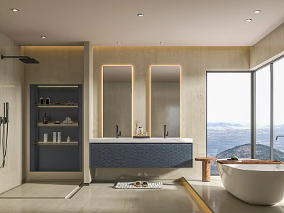 Modern Bathroom Interior With Double Mirrors Double Sinks Large Windows Mountain View And Freestanding Bathtub 3d model