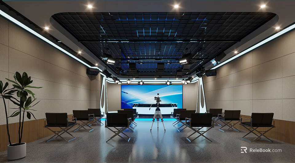 Modern Conference Room With Black Chairs Large Screen Tripod Equipment Grid Ceiling And Lighting 3d model 