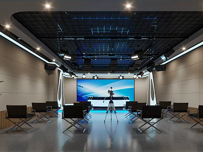 Modern Conference Room With Black Chairs Large Screen Tripod Equipment Grid Ceiling And Lighting 3d model