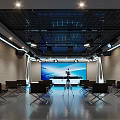 Modern Conference Room With Black Chairs Large Screen Tripod Equipment Grid Ceiling And Lighting