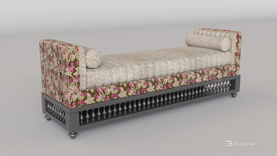 Decorative Upholstered Ottoman With Floral Patterned Fabric Tufted Seat And Ornate Metal Legs 3d model 