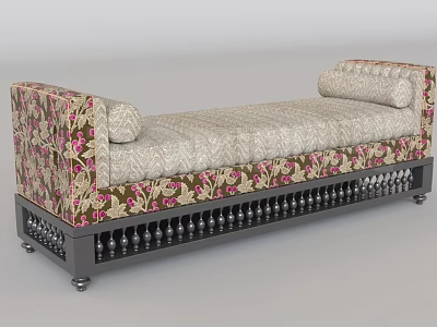 Decorative Upholstered Ottoman With Floral Patterned Fabric Tufted Seat And Ornate Metal Legs 3d model