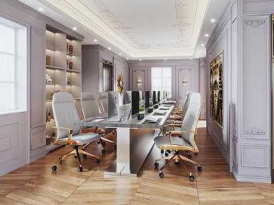 Modern Public Office Space With Glass Top Table Grey Rolling Chairs Bookshelves And Wooden Flooring 3d model
