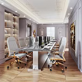 Modern Public Office Space With Glass Top Table Grey Rolling Chairs Bookshelves And Wooden Flooring