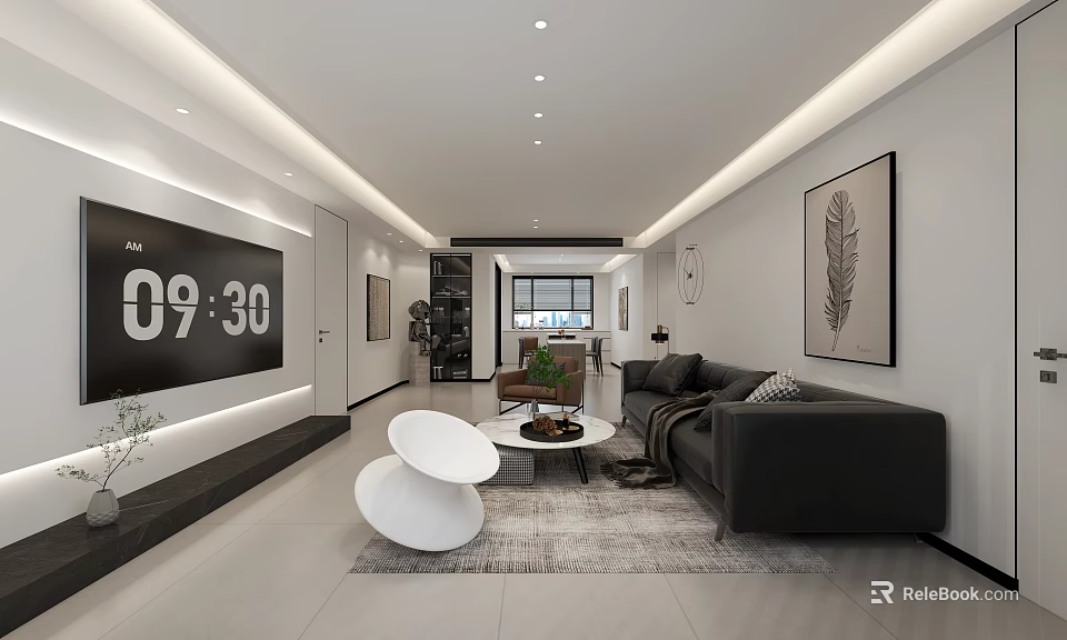Modern Living Dining Room Interior With Black Sofa White Chair Coffee Table And Feather Art 3d model 