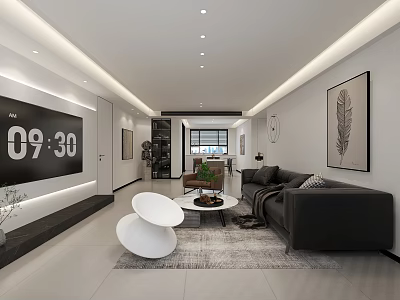Modern Living Dining Room Interior With Black Sofa White Chair Coffee Table And Feather Art 3d model