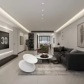 Modern Living Dining Room Interior With Black Sofa White Chair Coffee Table And Feather Art