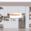Modern White Wine Cabinet In Kitchen With Refrigerator And Storage Shelves