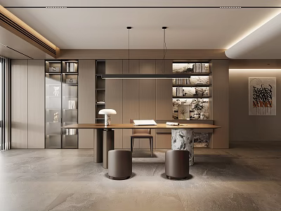 Modern Study Room Interior With Wooden Bookshelves Writing Desk Hanging Lights And Decorative Painting 3d model