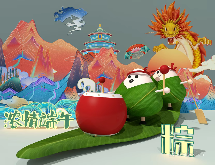 Dragon Boat Festival Themed Window Display with Zongzi Dragon Traditional Architecture and Landscape Elements 3d model 