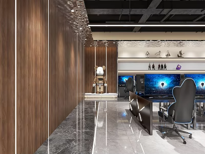Modern Gaming Cafe Interior With Multiple Gaming PCs Ergonomic Chairs And Wooden Panel Walls 3d model
