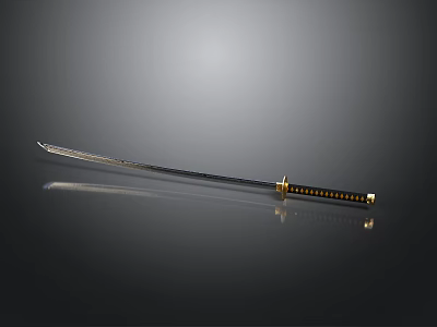Traditional Japanese Katana With Sharp Metal Blade And Golden Handle On Dark Surface 3d model