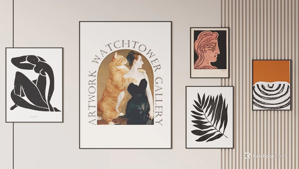 Abstract Paintings Display On Gallery Wall With Decorative Artworks And Cat Figure 3d model 