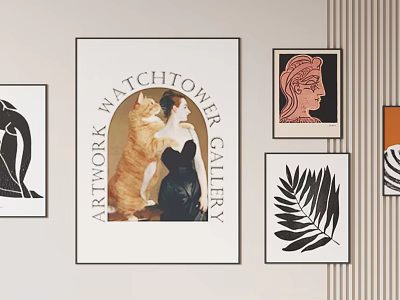 Abstract Paintings Display On Gallery Wall With Decorative Artworks And Cat Figure 3d model