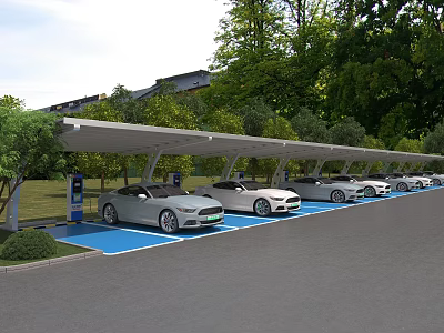 Covered Parking Lot With Electric Cars Charging Stations And Blue Spaces Surrounded By Trees 3d model