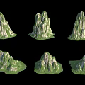 Six Unique Shapes Of Lush Green Vegetation Covered Steep Rocky Mountain Natural Landscape