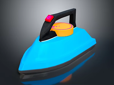 Blue Electric Iron With Black Handle Orange Top And Red Button Design 3d model