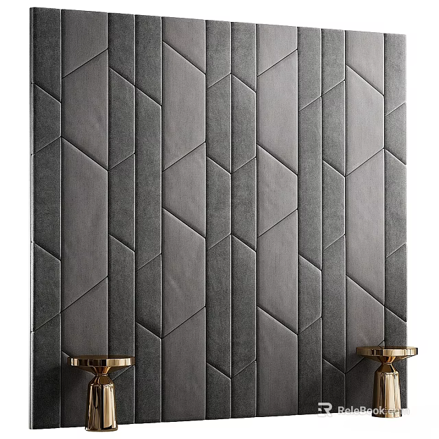 Gray Textured Bedroom Accent Wall Featuring Geometric Patterns And Gold Candle Holders 3d model 