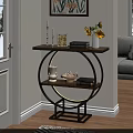 Modern Entryway Console Side Cabinet With Circular Design Wooden Top Books And Sunflower Vase